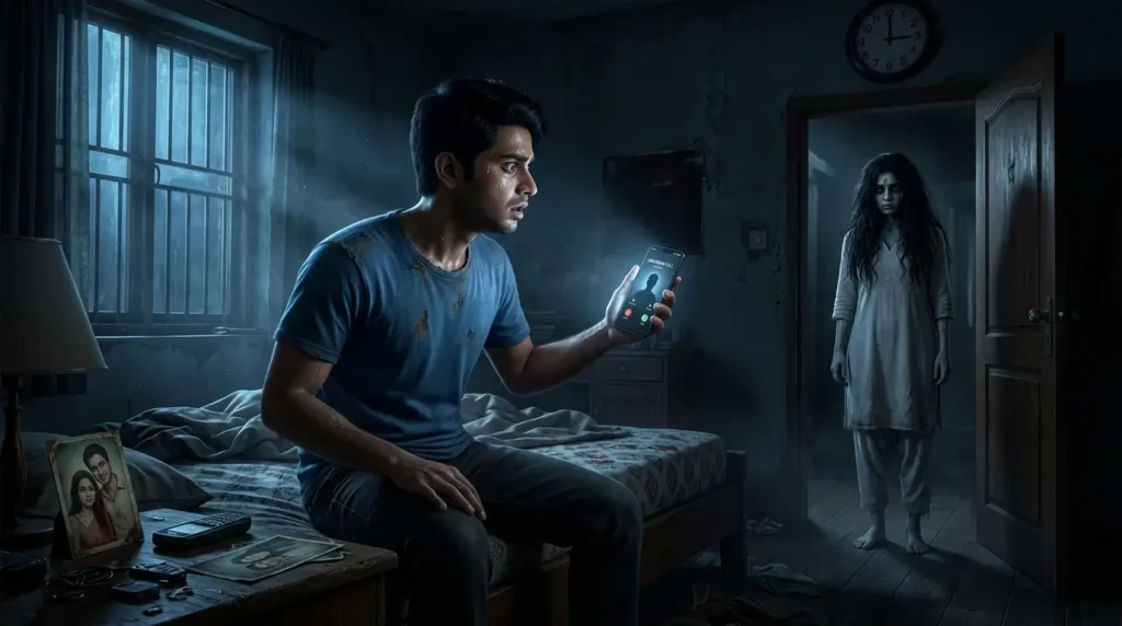 A frightened man receiving a mysterious 3 AM phone call while a ghostly girl appears in a dark room, representing a suspenseful Hindi horror story