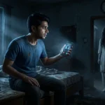 A frightened man receiving a mysterious 3 AM phone call while a ghostly girl appears in a dark room, representing a suspenseful Hindi horror story