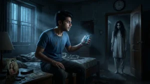 A frightened man receiving a mysterious 3 AM phone call while a ghostly girl appears in a dark room, representing a suspenseful Hindi horror story