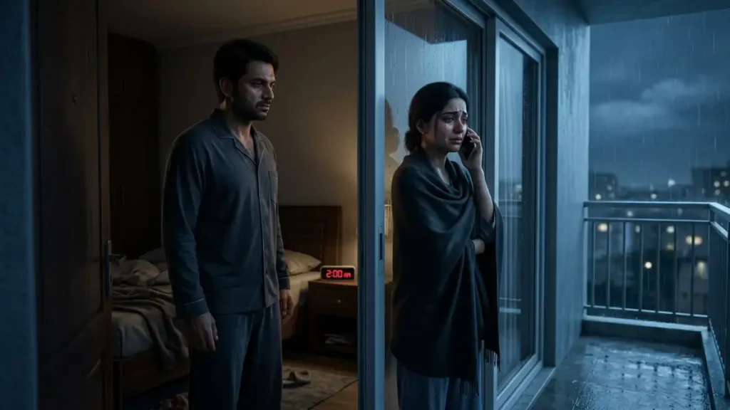 husband silently watching his wife talking on the phone at 2 AM from a balcony, depicting an emotional Hindi relationship story about trust and misunderstanding.