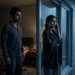 husband silently watching his wife talking on the phone at 2 AM from a balcony, depicting an emotional Hindi relationship story about trust and misunderstanding.
