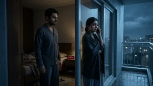husband silently watching his wife talking on the phone at 2 AM from a balcony, depicting an emotional Hindi relationship story about trust and misunderstanding.