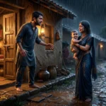 husband reuniting with his missing wife after two years as she returns holding their baby in a rain-soaked emotional scene.