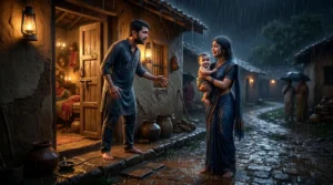 husband reuniting with his missing wife after two years as she returns holding their baby in a rain-soaked emotional scene.