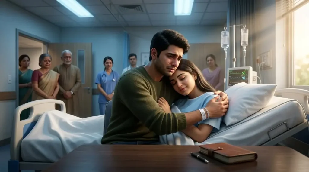 A grieving man hugging his deceased girlfriend for the last time in a hospital, showing a touching story of love, sacrifice and organ donation