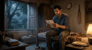 बारिश की रात पुराने घर में माँ की आखिरी चिट्ठी पढ़ते हुए राघव, हाथ में पत्र और आँखों में आँसू, पास में सूखे पराँठों की प्लेट और खुली खिड़की के बाहर नीम का पेड़।