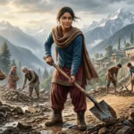 गौरी पहाड़ी गाँव की भूस्खलन से टूटी सड़क को फावड़े से साफ करती हुई, जबकि ग्रामीण उसके साथ मिलकर रास्ता दोबारा बना रहे हैं।