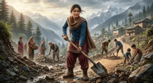 गौरी पहाड़ी गाँव की भूस्खलन से टूटी सड़क को फावड़े से साफ करती हुई, जबकि ग्रामीण उसके साथ मिलकर रास्ता दोबारा बना रहे हैं।