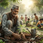 हरिराम नाम का बुजुर्ग माली पार्क में पौधा लगाते हुए, जबकि बच्चे और स्थानीय लोग उसके साथ मिलकर पार्क की देखभाल कर रहे हैं।