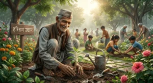 हरिराम नाम का बुजुर्ग माली पार्क में पौधा लगाते हुए, जबकि बच्चे और स्थानीय लोग उसके साथ मिलकर पार्क की देखभाल कर रहे हैं।